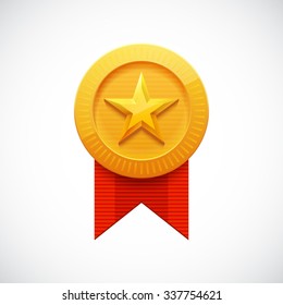 Gold Star Award. Golden Medal With Ribbon For Games. Achievement Icon. Vector Illustration.