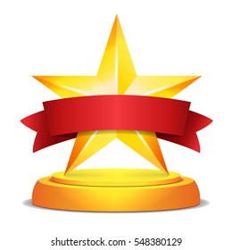 Gold Star Award. Red Ribbon With Place For Text. Vector Illustration. Modern Trophy, Challenge Prize. Beautiful Shiny Label Design. Isolated Vector Illustration