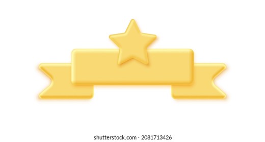 Gold star award with ribbon vector illustration. 3d golden medal prize for winner or celebrity, champion emblem and quality certificate, plastic matte badge of success and victory isolated on white