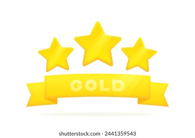 Gold star badge with ribbon in 3d style with glowing effect. Customer reviews rating about the product. Design concept of rating, award and feedback. Vector illustration.