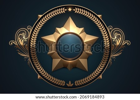 Gold star badge template on blue background