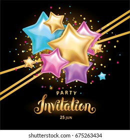 Gold star balloon Bouquet invitation, greeting card. Colorful party balloons event design. Party decorations wedding, birthday, celebration, love, event decor, kids, Color balloon, 3d shape decor