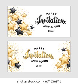 Gold Star balloon invitation. Happy birthday star balloon background. Wedding, Birthday party, balloons for event design. Balloons isolated on flyer. Party decorations, paper invitation, anniversary