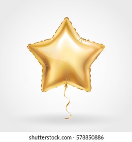 Gold star balloon on background. Party balloons event design decoration. Balloons isolated in the air. Party decorations wedding, birthday, celebration, anniversary, award. Shine Golden balloon