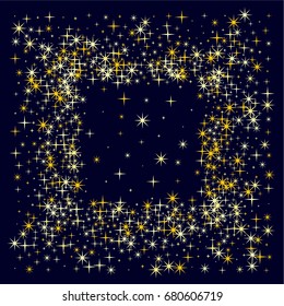Gold star  border, sparkles glitter vector ring isolated on white background. Stardust firework. Cosmic graphic design with  frame for text and golden night stars objects. Shining starlight