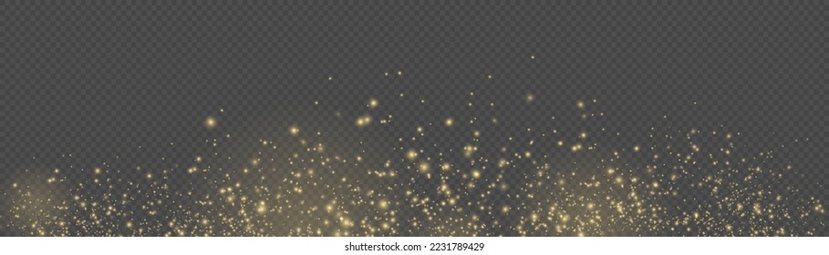 Gold star burst glare with sparkles on transparent background. Glitter special light effect. Christmas shining flare bokeh. Yellow dust sparks glitter, star night sky, space, dusty shine lights Vector