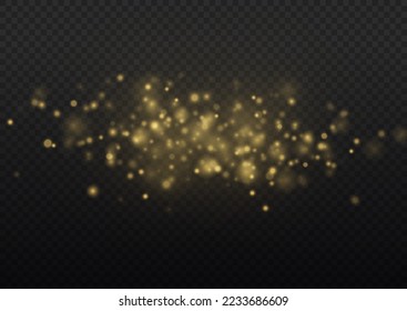 Gold star burst glare with sparkles on transparent background. Glitter special light effect. Christmas shining flare bokeh. Yellow dust sparks glitter, star night sky, space, dusty shine lights Vector