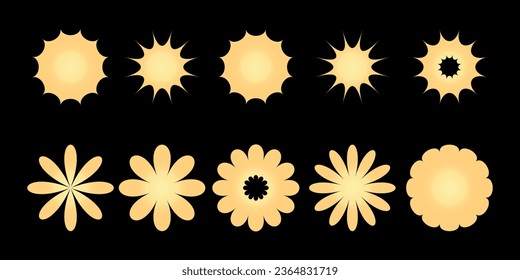 Juego de vectores de emoticones de estrella dorada. Silhouettes de explosión de etiquetas de precio fijo, insignia de venta retro de starburst. Etiqueta en blanco de estrella, emblema de pegatinas.