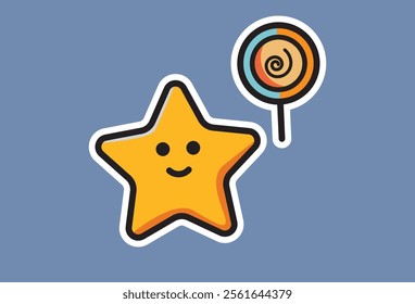 Gold Star and candy icon in cute cartoon shape, icon gold star symbol, perfect for holiday decoration, award ceremony and festive design.