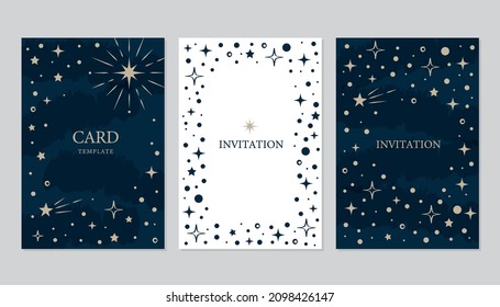 Gold star card design template collection. Vector starry night invitation design background.	