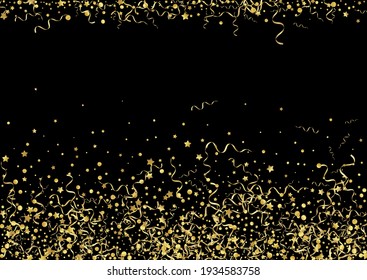 Gold Star Celebration Vector Black Background. Christmas Confetti Invitation. Spiral Festive Branch. Yellow Shiny Template.