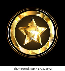 Gold Star In Circle Of Foil Over Black Background.