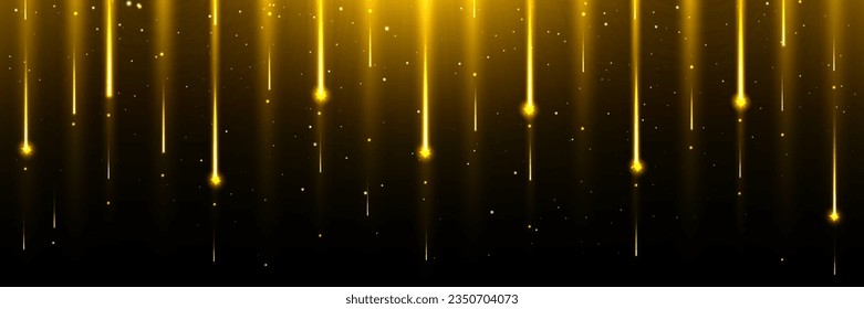 Gold star or comet shower rain space background. Golden meteor fall with glitter dust and sparkle. Magic luxury award curtain with firework particle. Meteorite falling tail effect glamour illustration