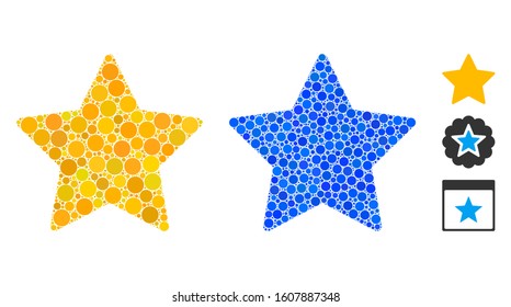 Gold star composition of filled circles in different sizes and color tinges, based on gold star icon. Vector filled circles are organized into blue collage.