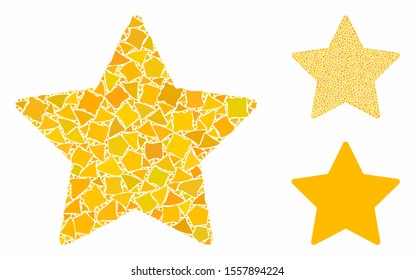 Gold star composition of inequal parts in various sizes and color tinges, based on gold star icon. Vector trembly parts are grouped into composition. Gold star icons collage with dotted pattern.