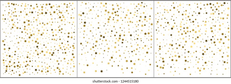 Gold star confetti celebration backgrounds. Golden stars holiday backgrounds set. Vector illustration