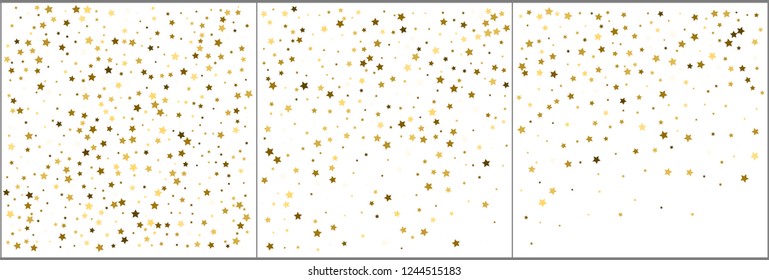Gold star confetti celebration backgrounds. Golden stars holiday backgrounds set.