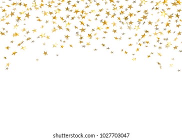 Gold star confetti celebration isolated on white background. Falling stars golden abstract pattern decoration. Glitter confetti Christmas card, New Year. Shiny sparkles Vector illustration