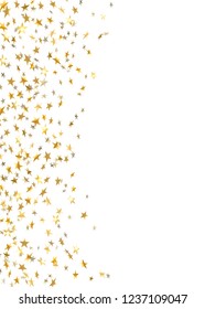 Gold star confetti celebration isolated on white background. Falling stars golden abstract pattern decoration. Glitter confetti Christmas card, New Year. Shiny sparkles Vector illustration