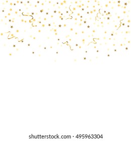 Gold star confetti celebration, isolated on white background. Falling golden abstract decoration for party, birthday celebrate, anniversary or event, festive. Festival decor. Vector illustration