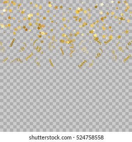 Gold star confetti celebration, isolated on transparent background. Falling golden abstract decoration for party, birthday celebrate, anniversary or event, festive. Festival decor. Vector illustration