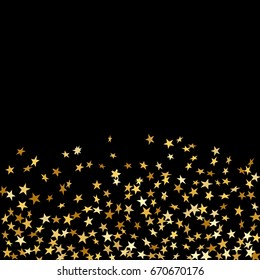Gold star confetti celebration isolated on black background. Falling stars golden abstract pattern decoration. Glitter confetti Christmas card, New Year. Shiny sparkles on floor Vector illustration