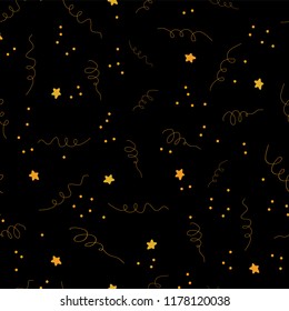 Gold star confetti curls celebration isolated on black seamless vector background. Golden abstract pattern. Night sky. Glitter confetti Christmas card, New Year, celebration, party. Shiny sparkles