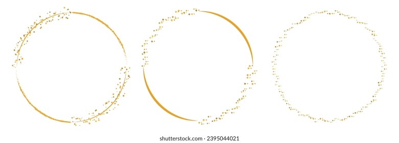 Gold star confetti frame set. Luxury golden glitter sparkler ring stroke. Glittering border swirl collection.