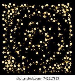 Gold star Confetti frame.Star Falling Pattern with ground confetti.Gentle Gold Yellow Pattern for your project.Starlight Night.Astral Design. Confetti Fall Chaotic Decor.Modern Creative Pattern.Vector