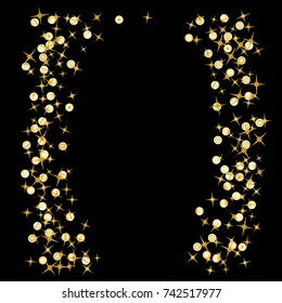 Gold star Confetti frame.Star Falling Pattern with ground confetti.Gentle Gold Yellow Pattern for your project.Starlight Night.Astral Design. Confetti Fall Chaotic Decor.Modern Creative Pattern.Vector