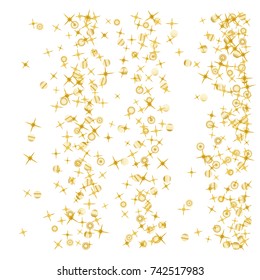 Gold star Confetti frame.Star Falling Pattern with ground confetti.Gentle Gold Yellow Pattern for your project.Starlight Night.Astral Design. Confetti Fall Chaotic Decor.Modern Creative Pattern.Vector