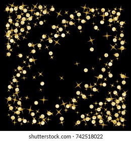 Gold star Confetti frame.Star Falling Pattern with ground confetti.Gentle Gold Yellow Pattern for your project.Starlight Night.Astral Design. Confetti Fall Chaotic Decor.Modern Creative Pattern.Vector