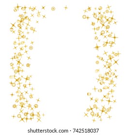 Gold star Confetti frame.Star Falling Pattern with ground confetti.Gentle Gold Yellow Pattern for your project.Starlight Night.Astral Design. Confetti Fall Chaotic Decor.Modern Creative Pattern.Vector