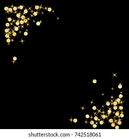 Gold star Confetti frame.Star Falling Pattern with ground confetti.Gentle Gold Yellow Pattern for your project.Starlight Night.Astral Design. Confetti Fall Chaotic Decor.Modern Creative Pattern.Vector
