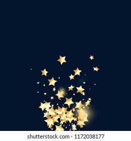 Gold star confetti on black background.  Flying shiny sparkle particles. Abstract vector colorful confetti. Birthday party backdrop. New Year card template