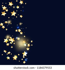 Gold star confetti on black background.  Minimalistic fallen particle. Abstract vector colorful confetti. Sparkle bright decoration backdrop. New Year card template