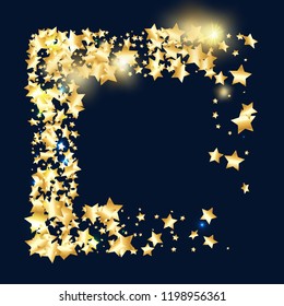 Gold star confetti on black background.  Minimalistic fallen particle. Abstract vector colorful confetti. Sparkle bright decoration backdrop. New Year card template