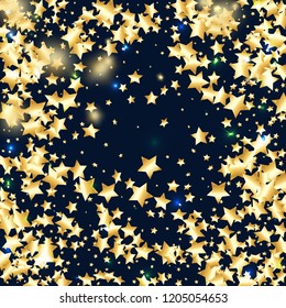 Gold star confetti on black background.  Minimalistic fallen particle. Abstract vector colorful confetti. Sparkle bright decoration backdrop. Surprise card template