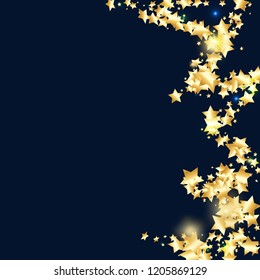 Gold star confetti on black background.  Minimalistic fallen particle. Holiday vector colorful confetti. Birthday party backdrop. New Year card template