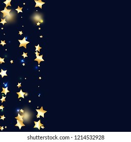 Gold star confetti on black background.  Flying shiny sparkle particles. Abstract vector colorful confetti. Sparkle bright decoration backdrop. Surprise card template