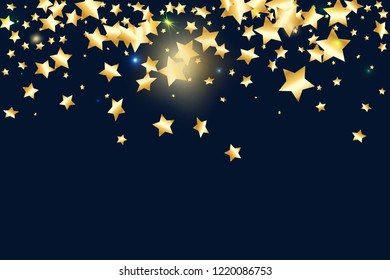 Gold star confetti on black background.  Flying shiny sparkle shower. Abstract vector colorful confetti. Birthday party backdrop. Christmas card template