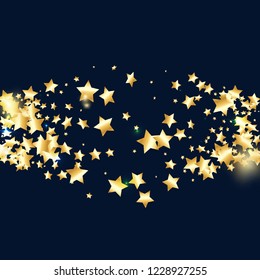 Gold star confetti on black background.  Flying shiny sparkle shower. Abstract vector colorful confetti. Birthday party backdrop. Christmas card template