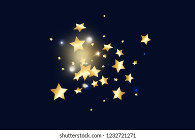 Gold star confetti on black background.  Flying shiny sparkle particles. Holiday vector colorful confetti. Birthday party backdrop. Surprise card template