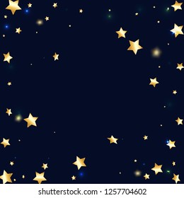 Gold star confetti on black background.  Minimalistic fallen particle. Holiday vector colorful confetti. Sparkle bright decoration backdrop. Christmas card template
