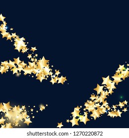 Gold star confetti on black background.  Flying shiny sparkle shower. Abstract vector colorful confetti. Sparkle bright decoration backdrop. New Year card template