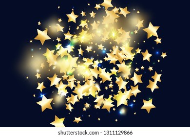 Gold star confetti on black background.  Flying shiny sparkle particles. Holiday vector colorful confetti. Sparkle bright decoration backdrop. New Year card template