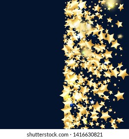 Gold star confetti on black background.  Minimalistic fallen particle. Holiday vector colorful confetti. Sparkle bright decoration backdrop. Surprise card template