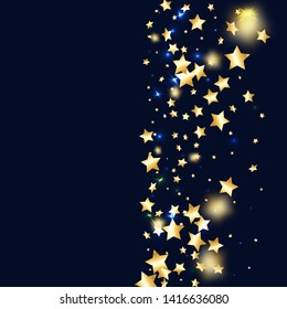 Gold star confetti on black background.  Minimalistic fallen particle. Holiday vector colorful confetti. Birthday party backdrop. New Year card template