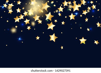 Gold star confetti on black background.  Minimalistic fallen particle. Holiday vector colorful confetti. Sparkle bright decoration backdrop. Christmas card template