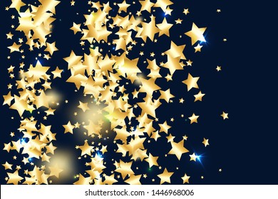 Gold star confetti on black background.  Minimalistic fallen particle. Holiday vector colorful confetti. Birthday party backdrop. Christmas card template